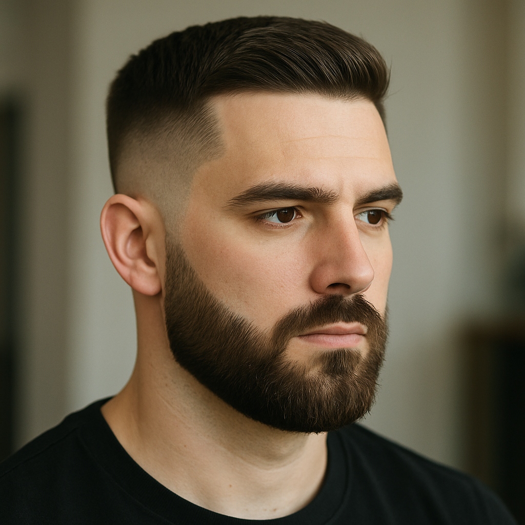 Fresh haircut and beard trim showcasing sharp style