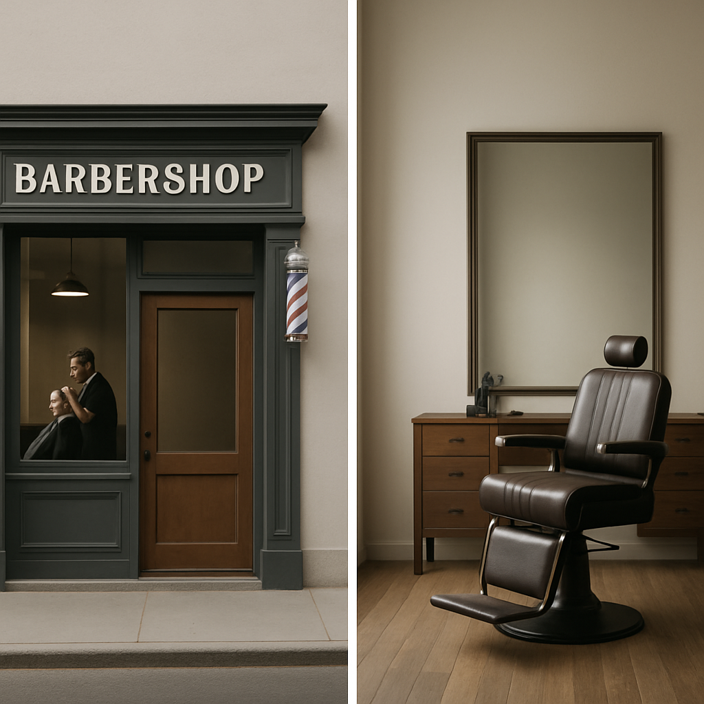 Exterior and interior view of a professional masculine barber shop environment in Bayamón
